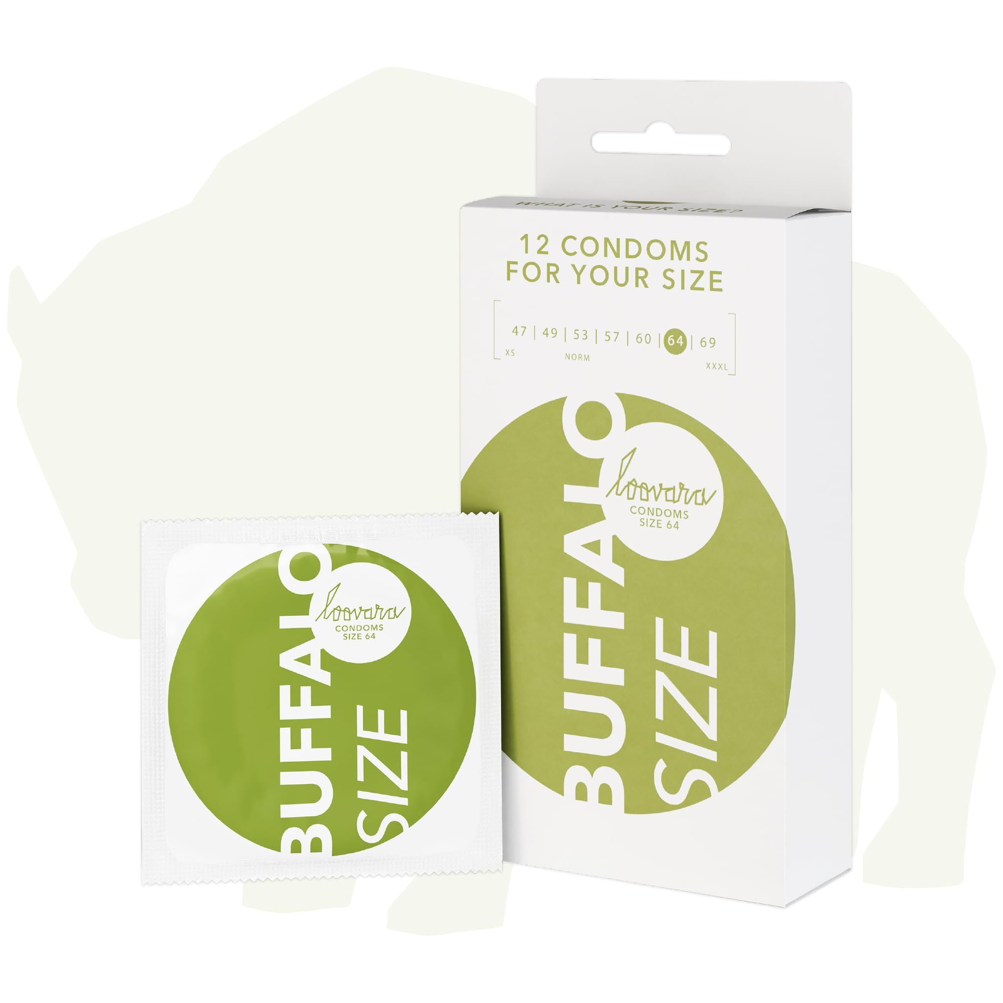 Verpackung Loovara Buffalo XXL Kondome, 12 Stück. Einzelverpackung mit Büffel-Logo.