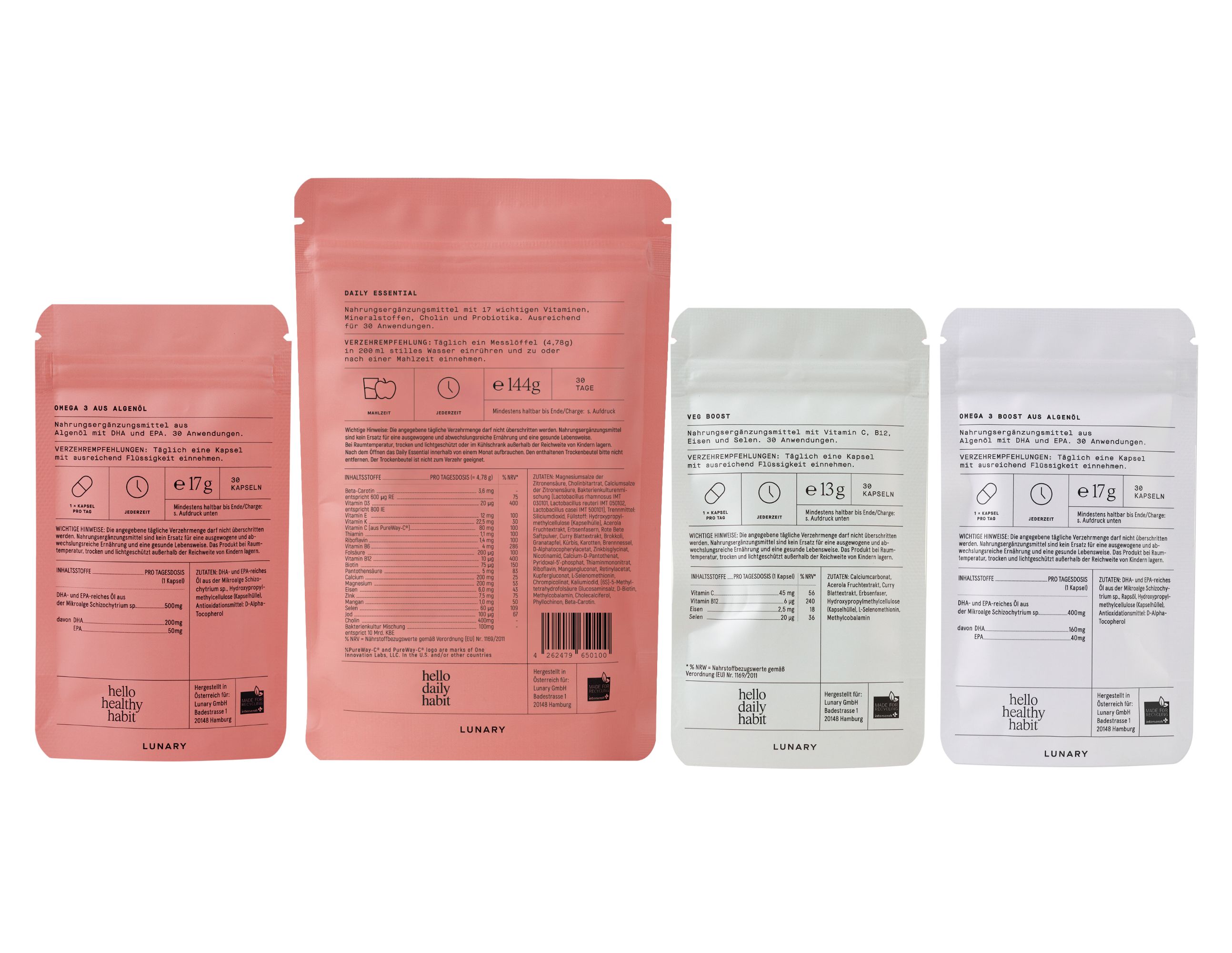 Rückseite von vier Beuteln. Rosa und weiß. Text: Inhaltsstoffe, Nährwertangaben, Barcode. Marke: LUNARY, Hello Healthy Baby.