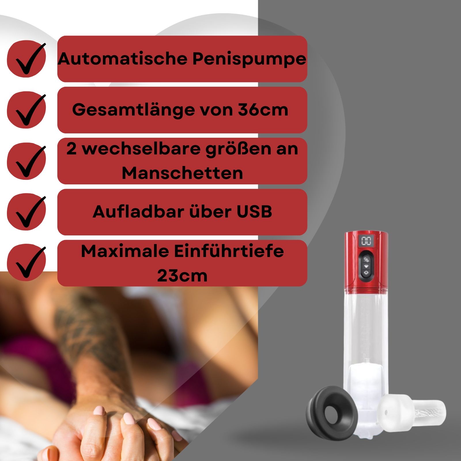 Produktabbildung mit Text: „Automatische Penispumpe mit 2 verschiedenen Größen Manschetten“. Paar im Hintergrund, Pumpe und Zubehör.
