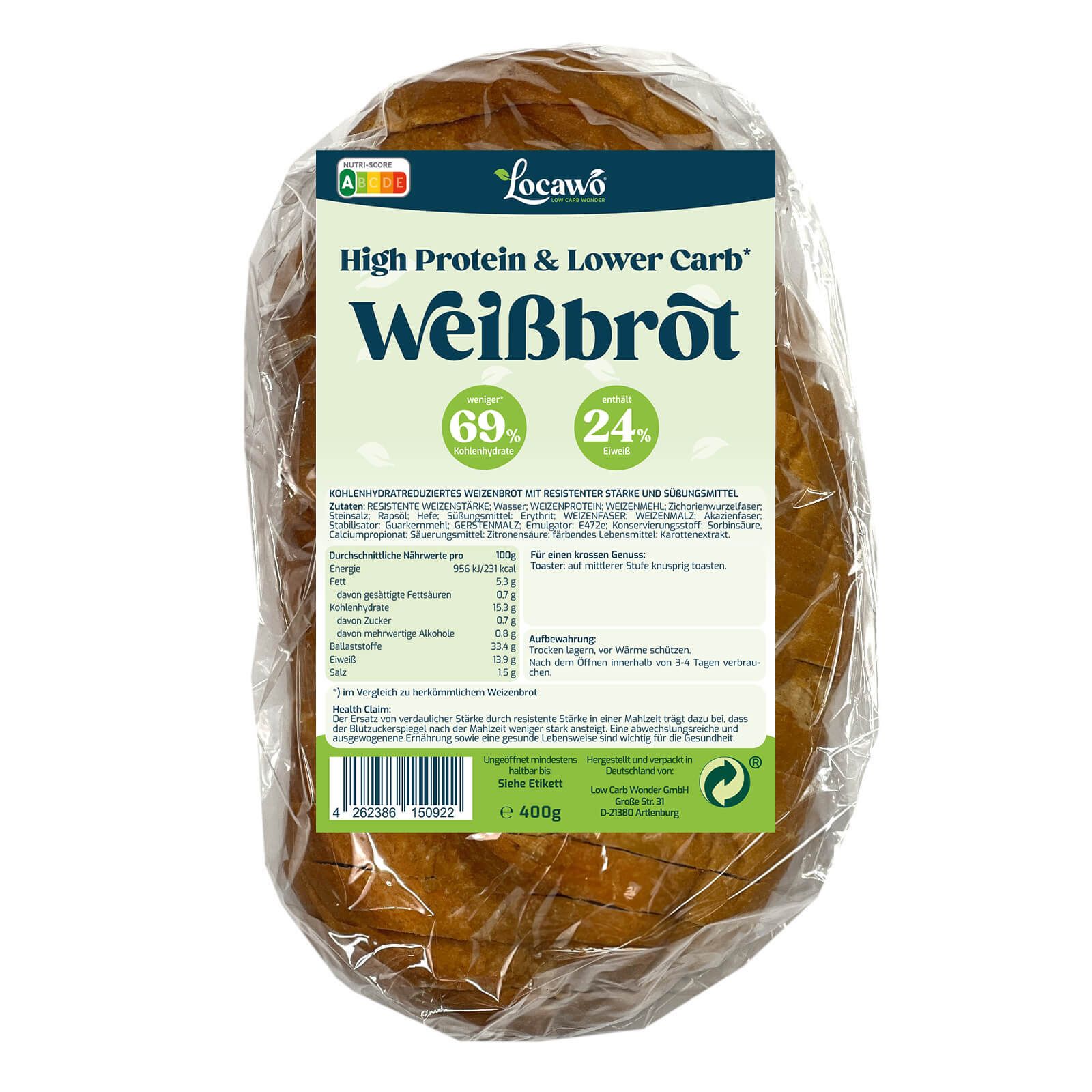 Verpacktes Weißbrot, transparent verpackt. Aufschrift: Locawo, High Protein & Lower Carb Weißbrot. Enthält 69% Protein und 24% Kohlenhydrate.