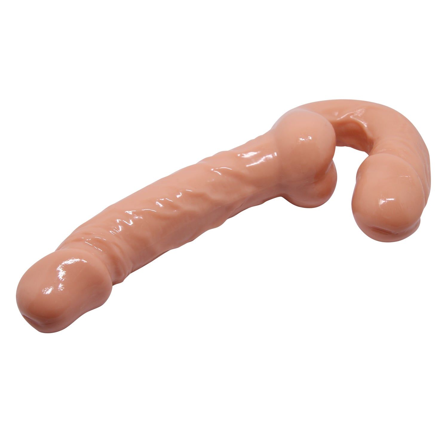 Beigefarbener Gurt-Dildo mit zwei Enden. Eines gerade, eines gebogen.