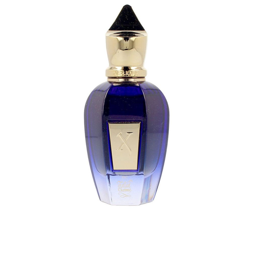 Blaue Parfumflasche mit goldfarbenem Verschluss. Goldfarbene Schriftzüge: XERJOFF. Flasche hat eine goldene Plakette.