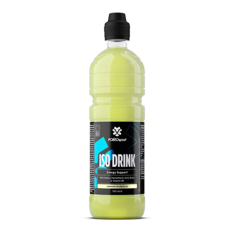 Gelbes Getränk in einer Flasche mit schwarzem Deckel. Aufschrift: ISO DRINK, Energy Support, Lemon Flavour.