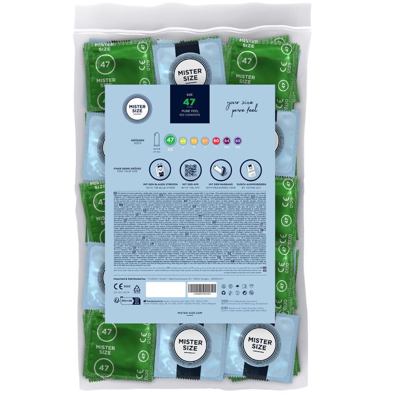Verpackung mit Kondomen. Einzelne Kondome in Grün und Blau. Aufdruck: Mister Size 47.