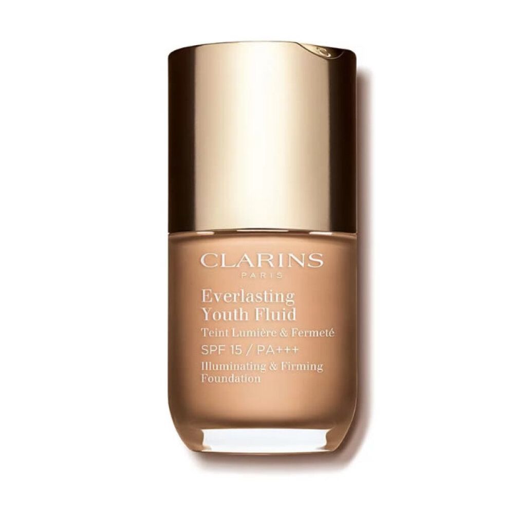 Clarins Everlasting Youth Fluid SPF 15. Flasche mit goldfarbenem Deckel und beigem Inhalt. Text: Teint Lumière & Fermeté.