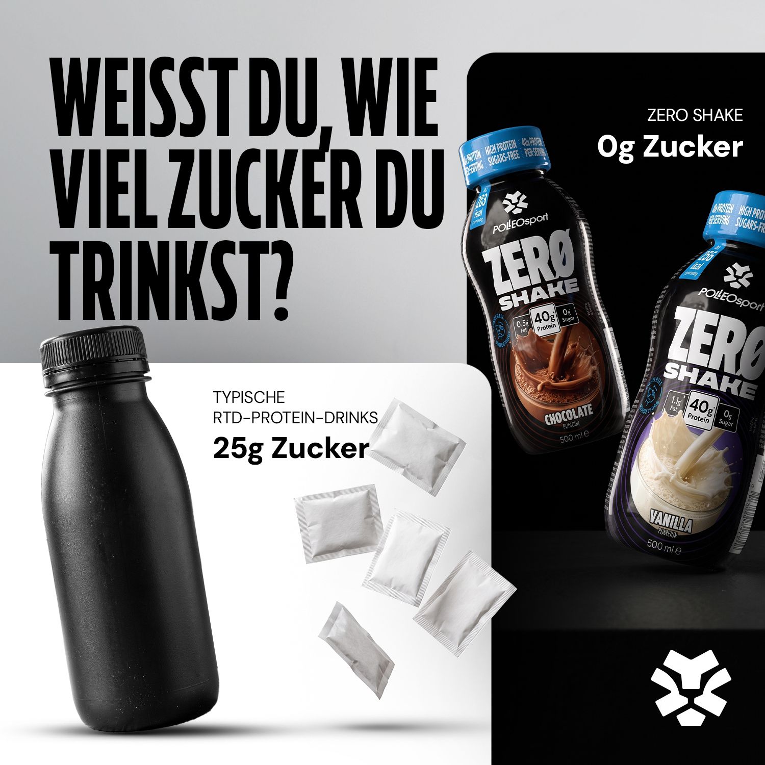 Zwei Flaschen Zero Shake: Schokolade und Vanille. Daneben eine schwarze Flasche und Zuckerpäckchen.