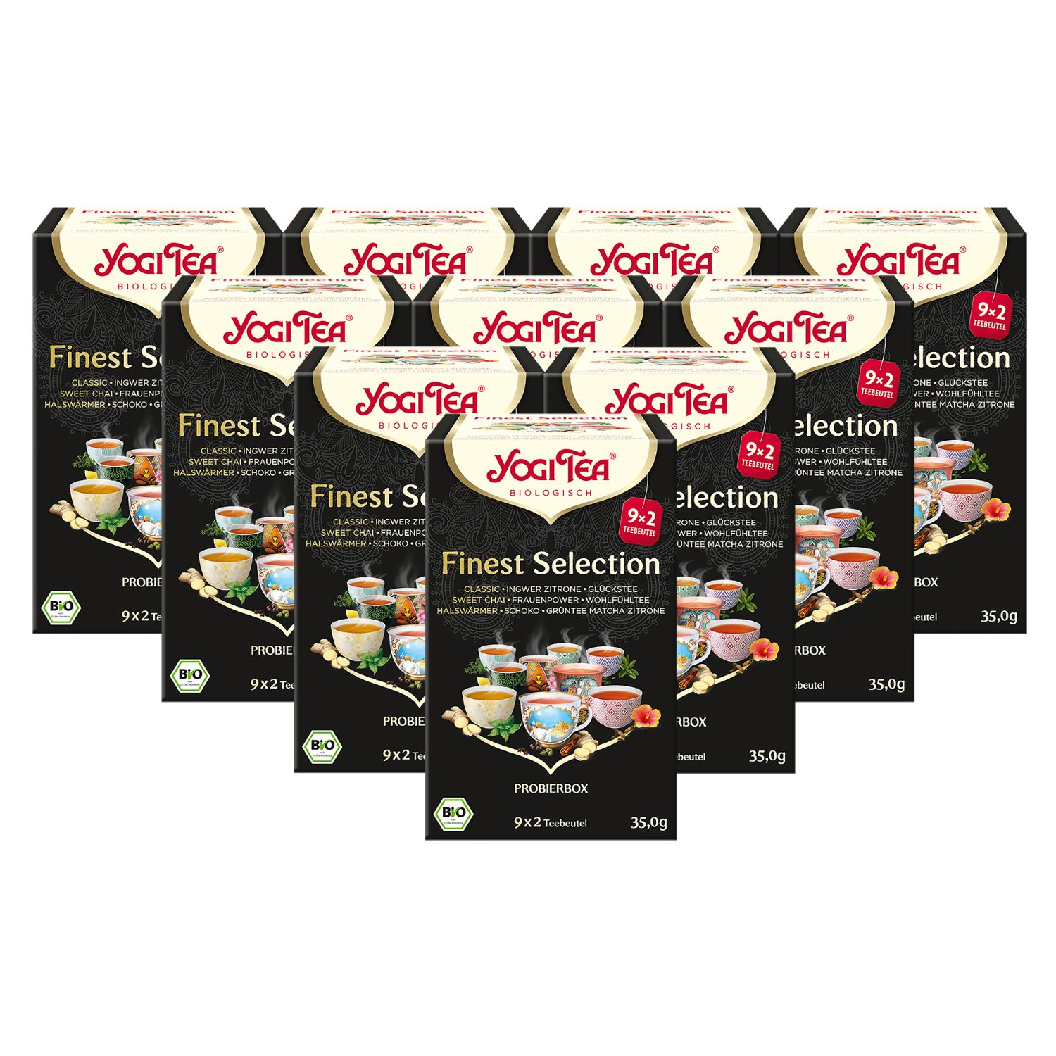 Mehrere Schachteln Yogi Tea Finest Selection. Schwarze Verpackung mit Produktabbildung und Logo. Bio-Siegel.