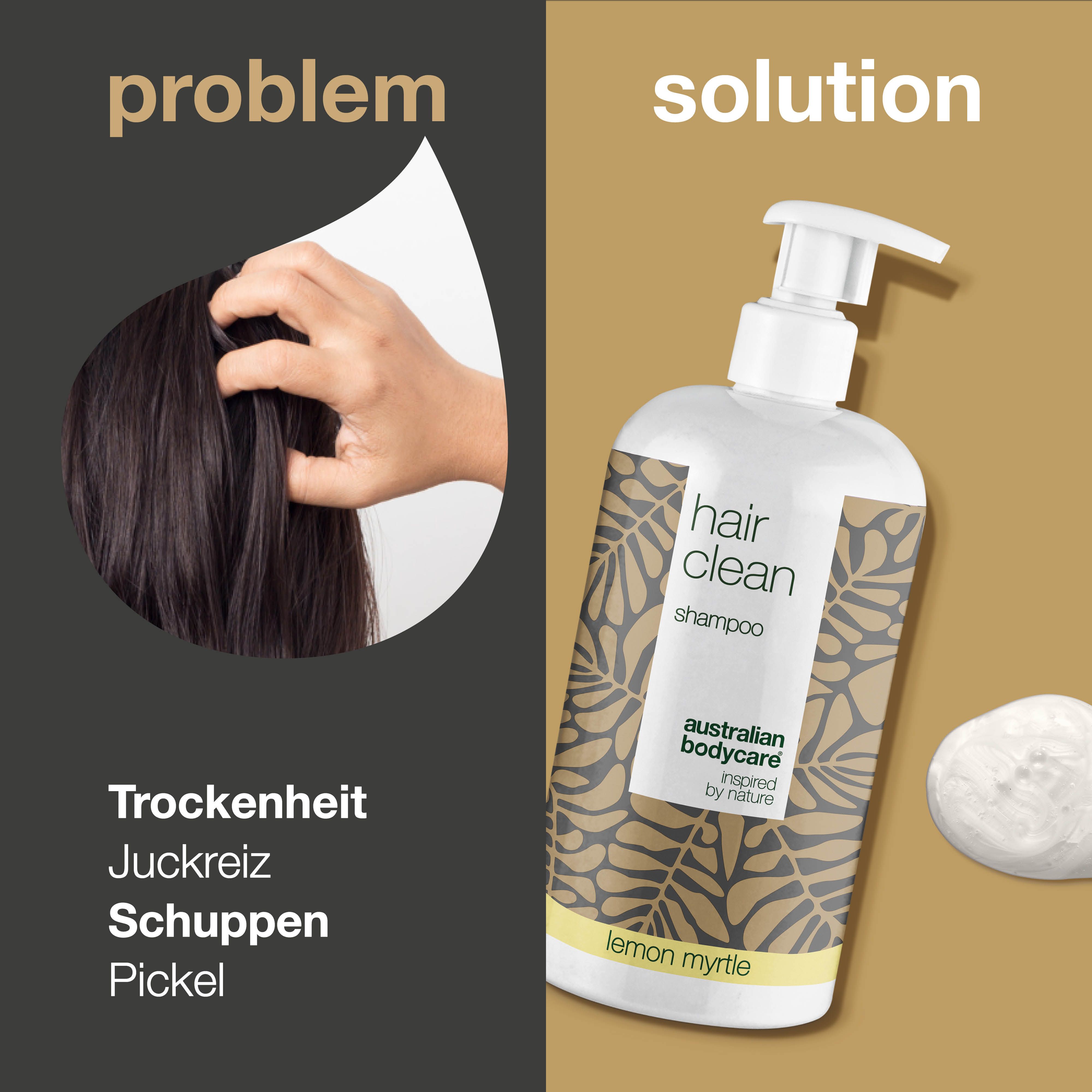 Haar mit trockener Kopfhaut. Daneben Shampoo-Flasche. Aufschrift: Hair Clean Shampoo. Marke: Australian Bodycare.