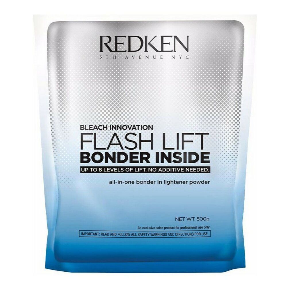 Redken Flash Lift Bonder Inside. Beutel mit Produktinformationen. Text: Flash Lift Bonder Inside, bis zu 8 Stufen Aufhellung, kein Zusatz erforderlich.