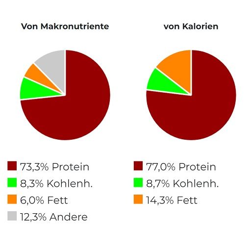 Zwei Tortendiagramme mit Makronährstoff- und Kalorienverteilung. Protein, Kohlenhydrate, Fett und andere Bestandteile.