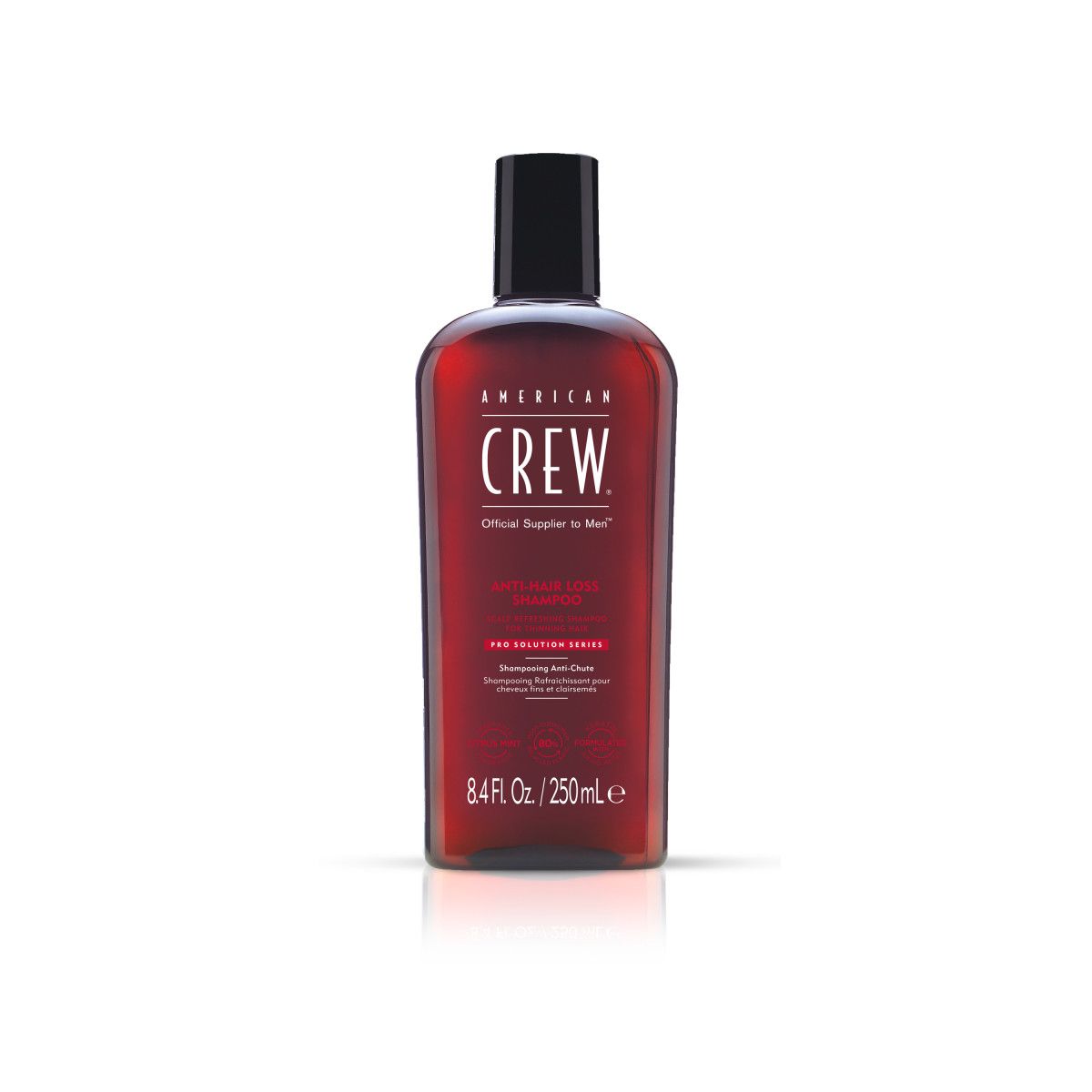 Rote Flasche mit schwarzem Deckel. Aufschrift: AMERICAN CREW. Produktname: Anti-Hair Loss Shampoo. Volumen: 250ml.