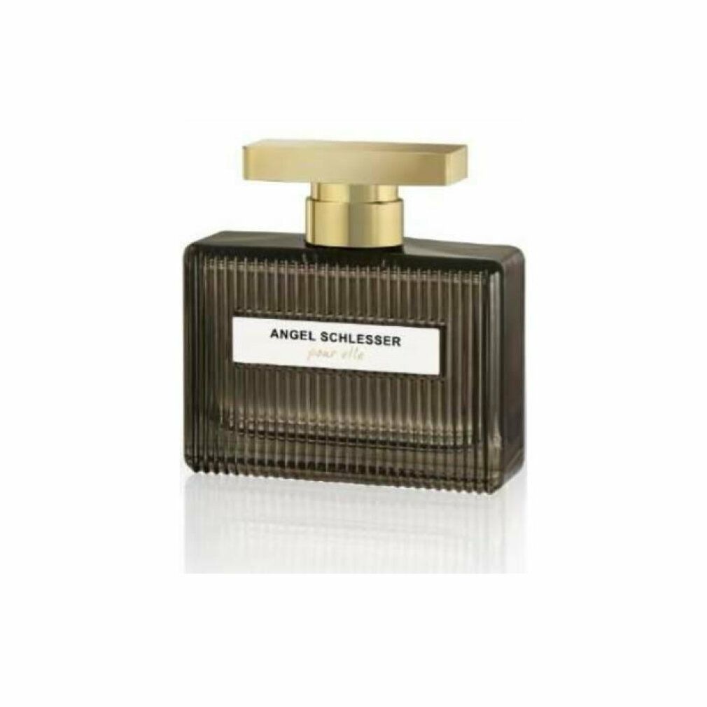 Rechteckiger Parfümflakon mit goldfarbenem Verschluss. Aufschrift: Angel Schlesser pour elle.