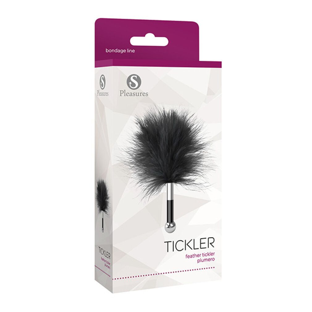 Verpackung mit Federwedel. Marke Pleasures, Produktname Tickler. Schwarzes Federteil, Metallgriff.