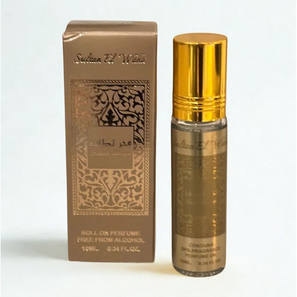 Roll-On-Parfum Sultan El Waha und Karton. Goldfarbene Flasche mit goldener Kappe. Karton mit arabischen Schriftzeichen und Produktinformationen.