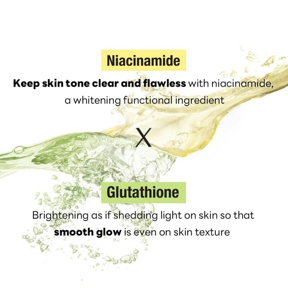Text mit den Inhaltsstoffen Niacinamide und Glutathione. Beschreibt die Wirkung auf die Haut.