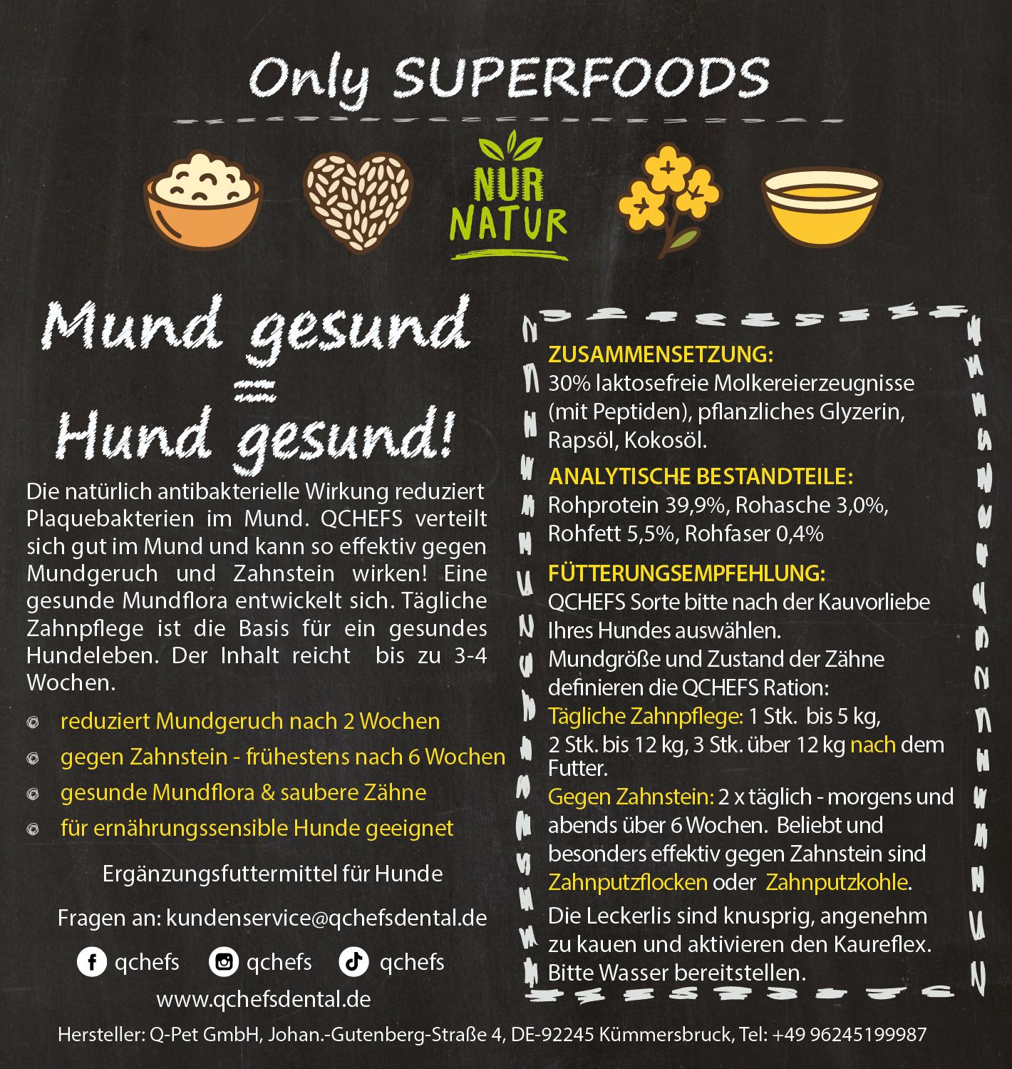 Infografik mit Text und Illustrationen. Enthält Informationen über die Inhaltsstoffe und die Fütterungsempfehlung.