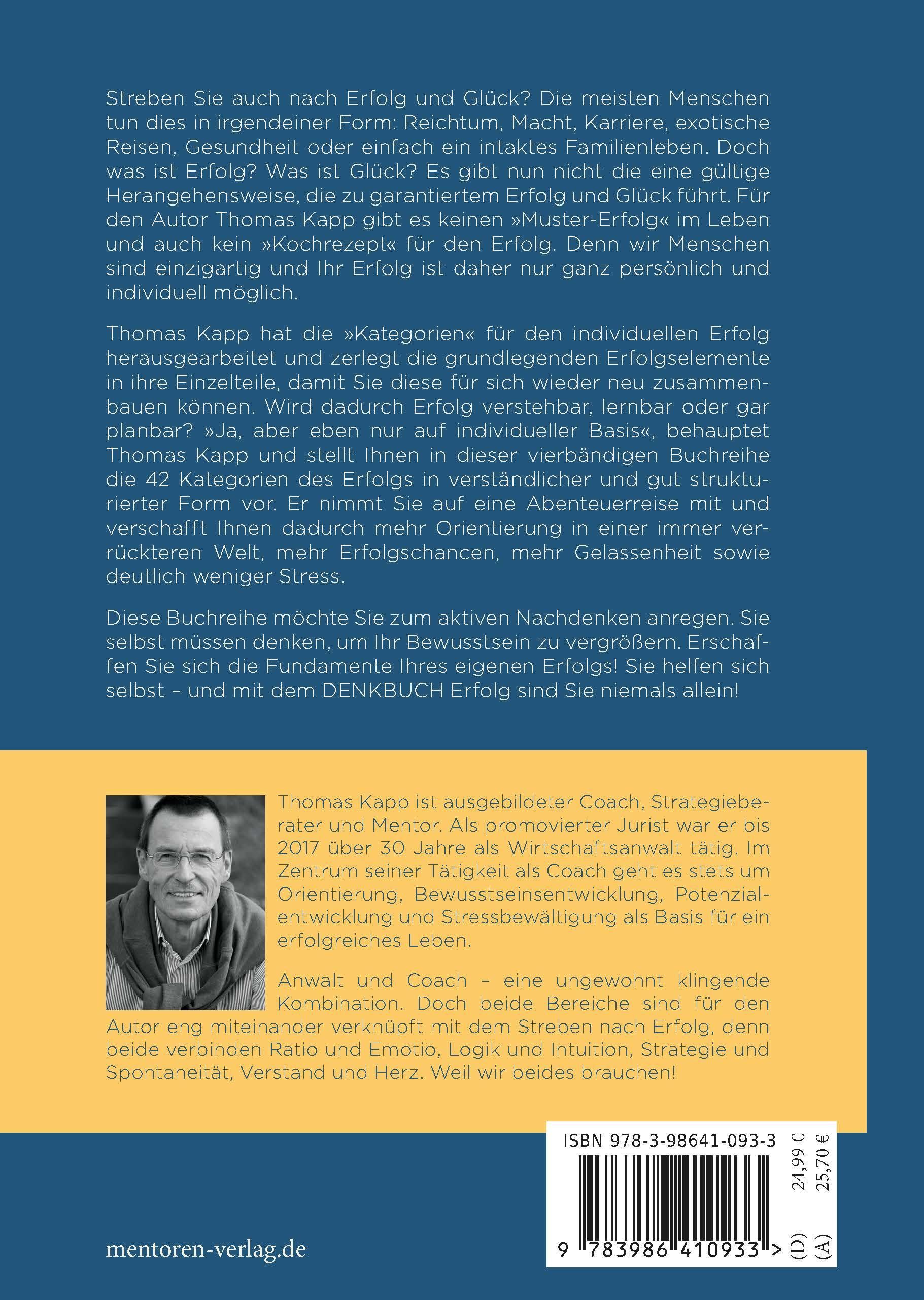 Buchrückseite: Text und Foto des Autors Thomas Kapp. ISBN und Preis. Mentoren Verlag Logo.