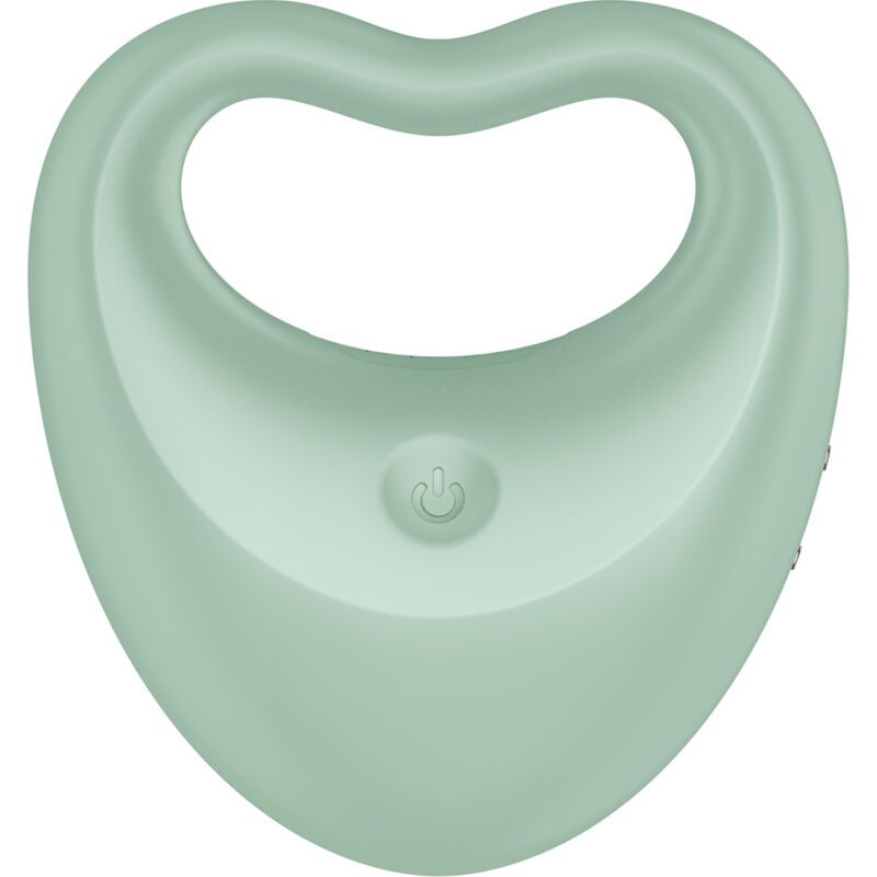 Mintfarbener Penisring mit Fingervibrator. Herzförmig mit Öffnung. Ein-Aus-Knopf.
