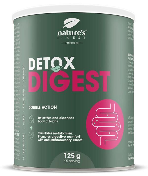 Grüne Dose mit weißem Deckel. Aufschrift: Detox Digest, 125g, 25 Portionen. Logo: Darm-Illustration.