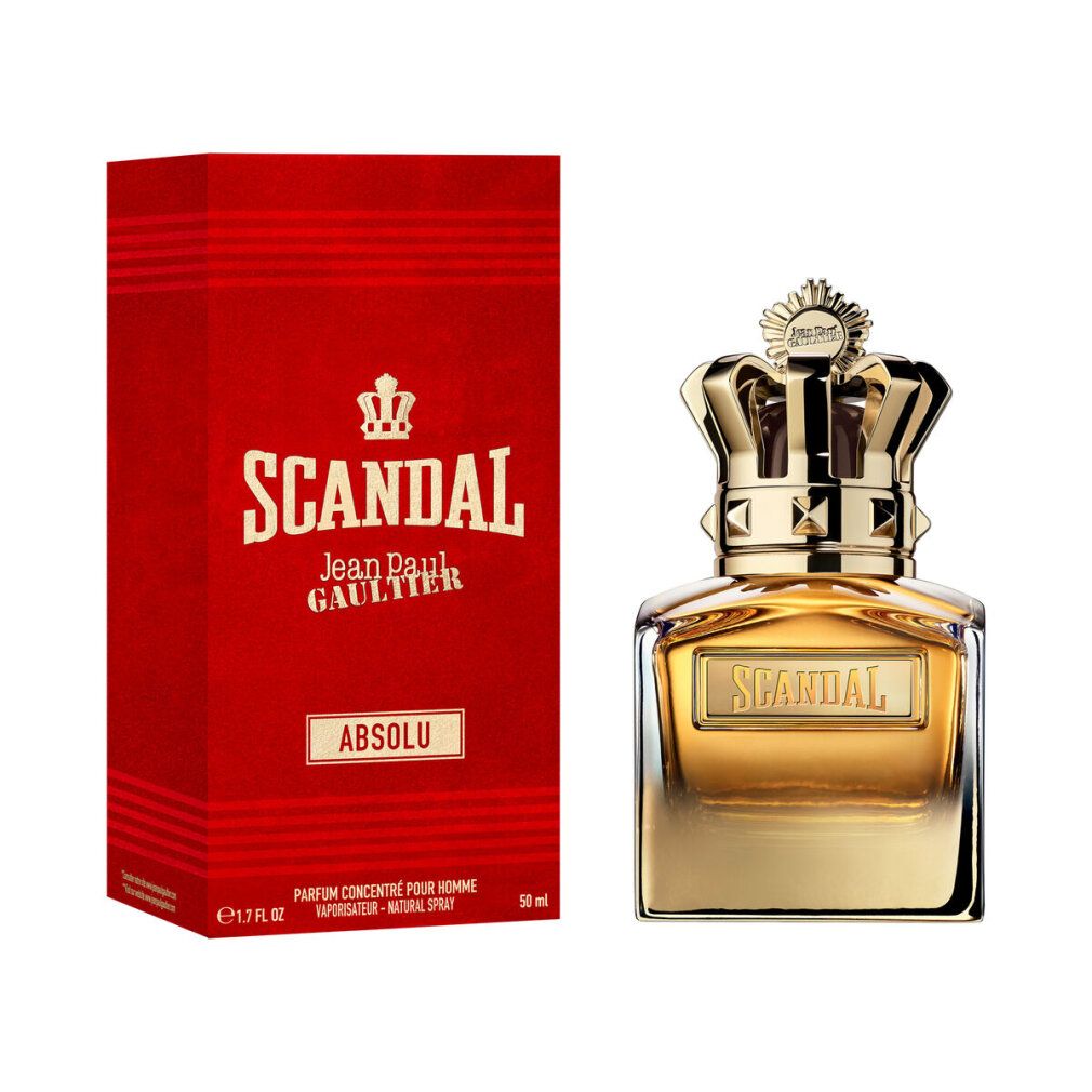Parfumflakon mit goldener Krone und roter Schachtel. Aufschrift: Scandal Absolu. 50 ml.