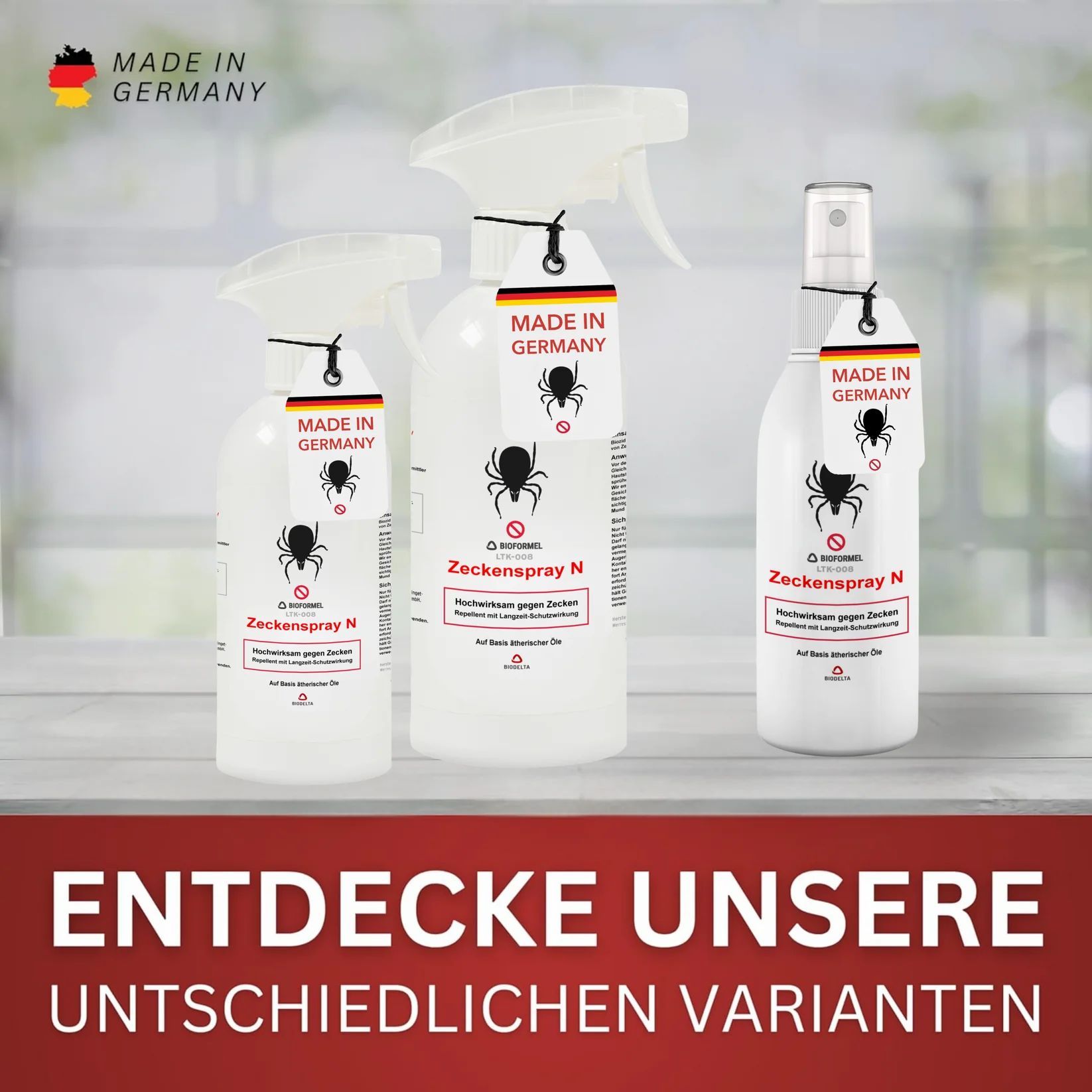 Drei Sprühflaschen mit Sprühköpfen. Etiketten mit Spinnen-Symbol und Aufschrift "Made in Germany". Text: "ENTDECKE UNSERE UNTSCHIEDLICHEN VARIANTEN".