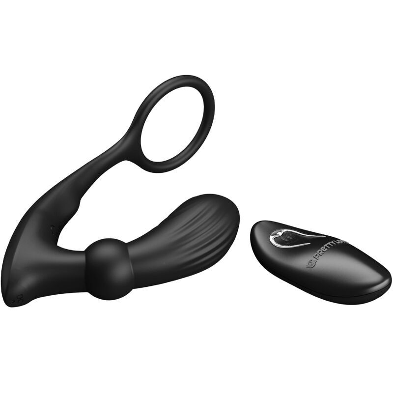 Schwarzer Analring-Vibrator, Seitenansicht, mit gerilltem Ende und abgerundetem Stiel.