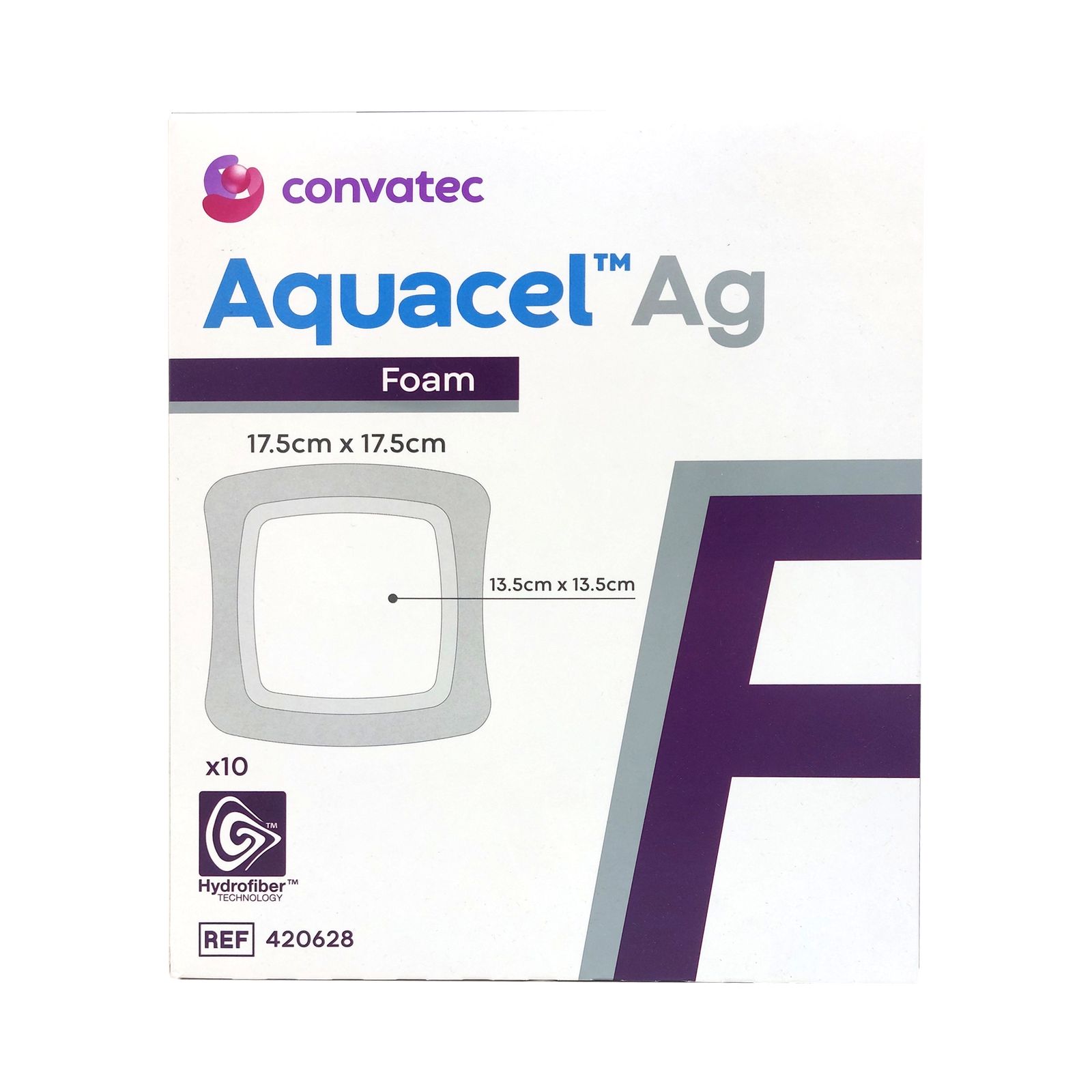 Verpackung mit Produkt Aquacel Ag Foam. Abmessungen 17,5 x 17,5 cm. Zehn Stück. Hydrofiber-Logo. Referenznummer 420628.
