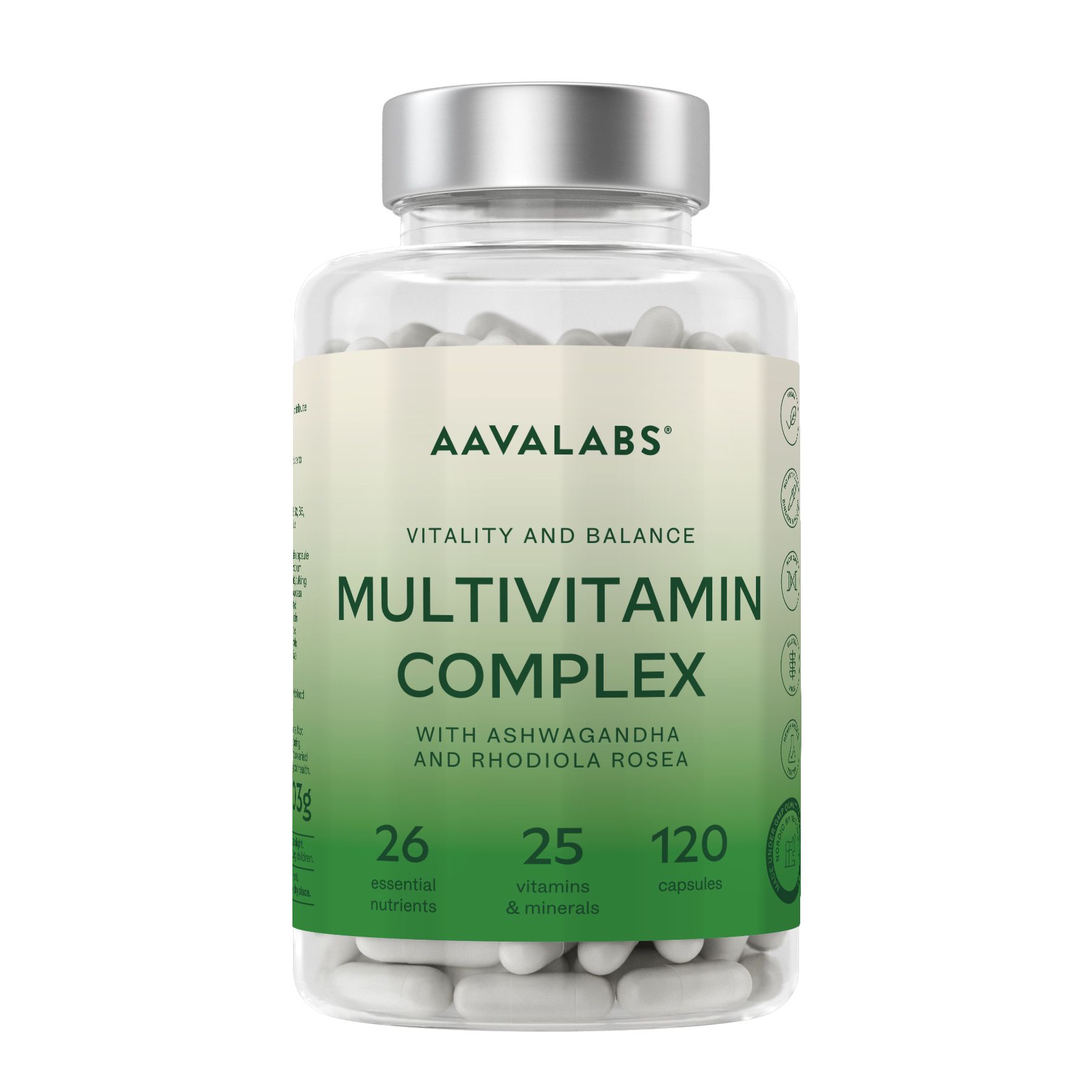 Klare Flasche mit weißen Kapseln. Aufschrift: AAVALABS, MULTIVITAMIN COMPLEX. 26 Nährstoffe, 25 Vitamine & Mineralien, 120 Kapseln.