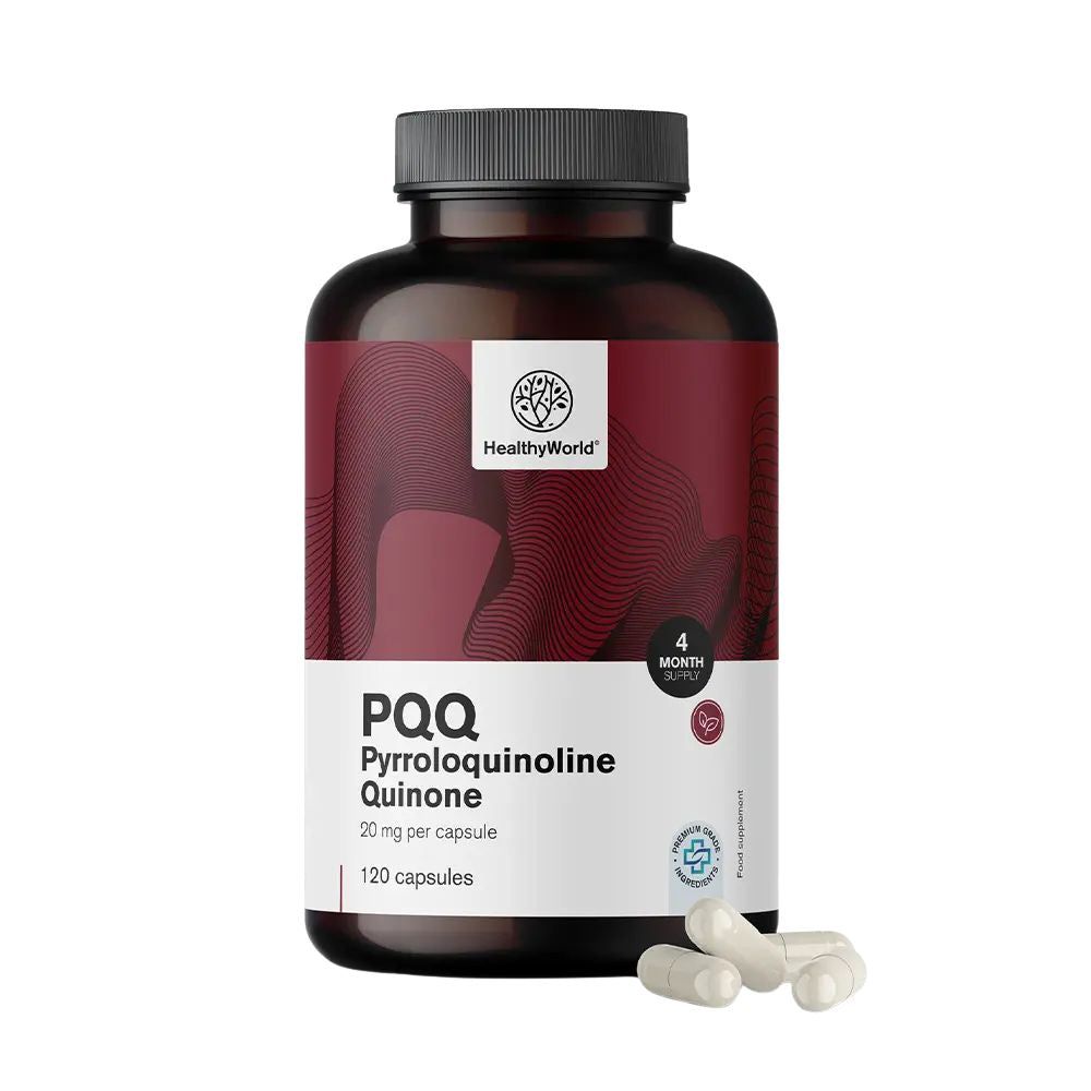 Braune Flasche mit weißen Kapseln. Aufschrift: PQQ Pyrrolochinolinchinon 20 mg, 120 Kapseln. Marke: HealthyWorld.