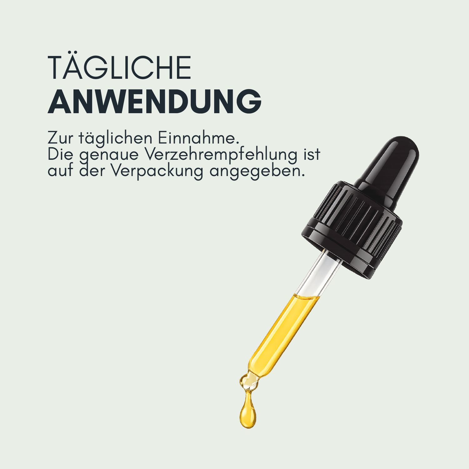 Tropfflasche mit Tropfen. Text: Tägliche Anwendung. Tropfer mit gelber Flüssigkeit. Tropfen fallen aus der Pipette.
