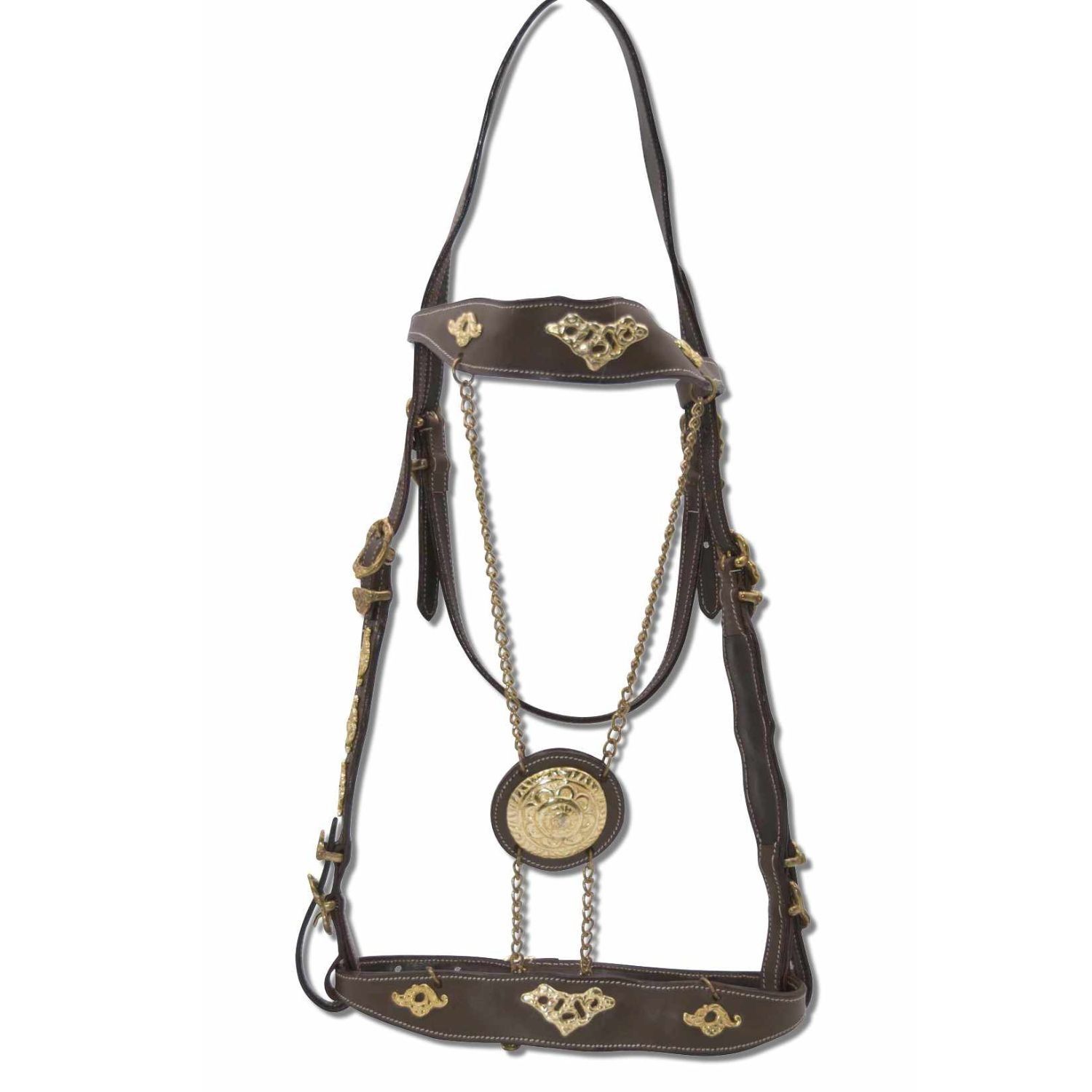 Trense mit goldfarbenen Verzierungen und Ketten. Braunes Leder.