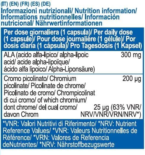 Nährwertinformationen für ALA und Chrompicolinat. Enthält 300 mg ALA und 200 µg Chrompicolinat pro Kapsel.