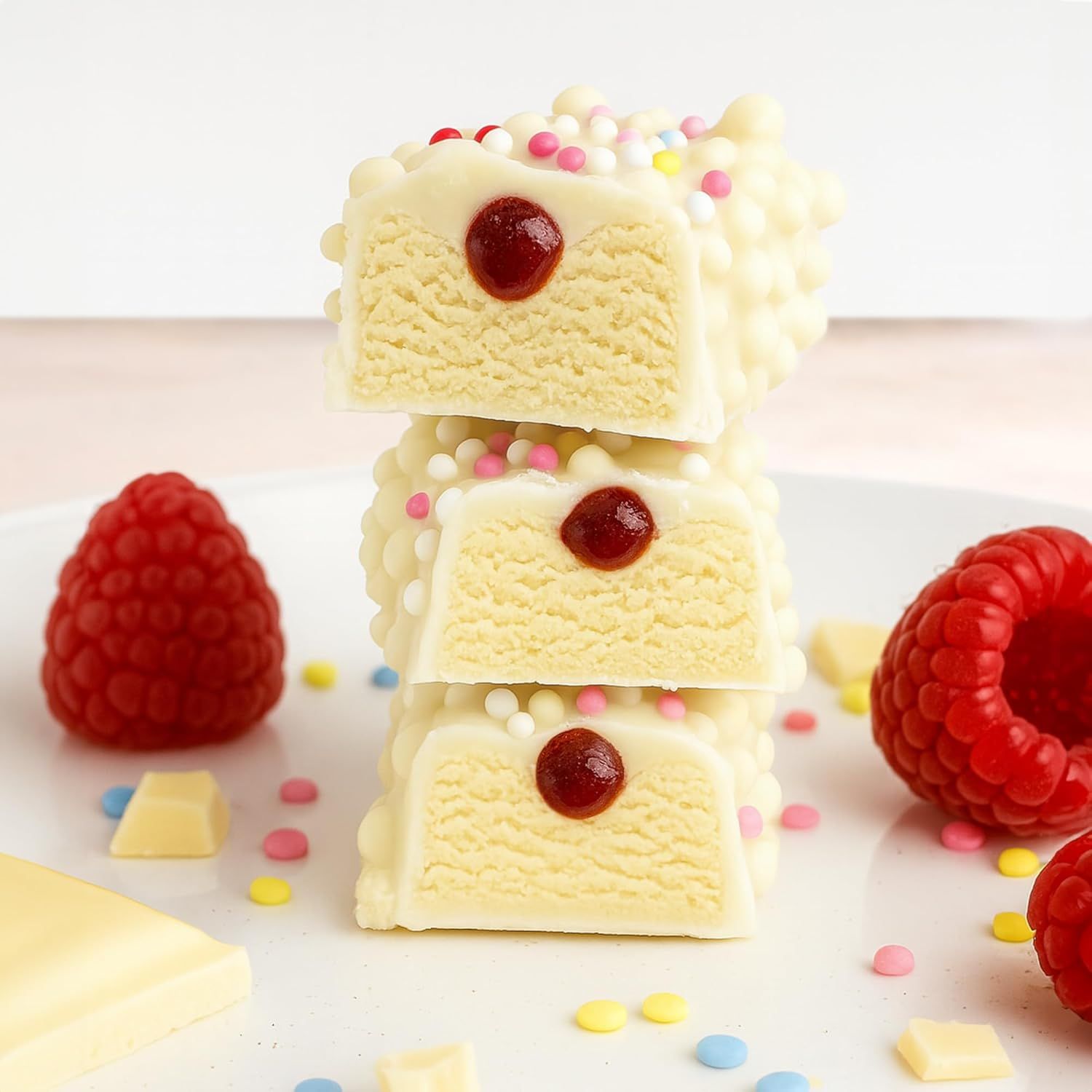Drei aufgeschnittene NeoBar-Stücke mit weißer Schokolade, Himbeeren und Streuseln. Daneben Himbeeren und Schokoladenstücke.