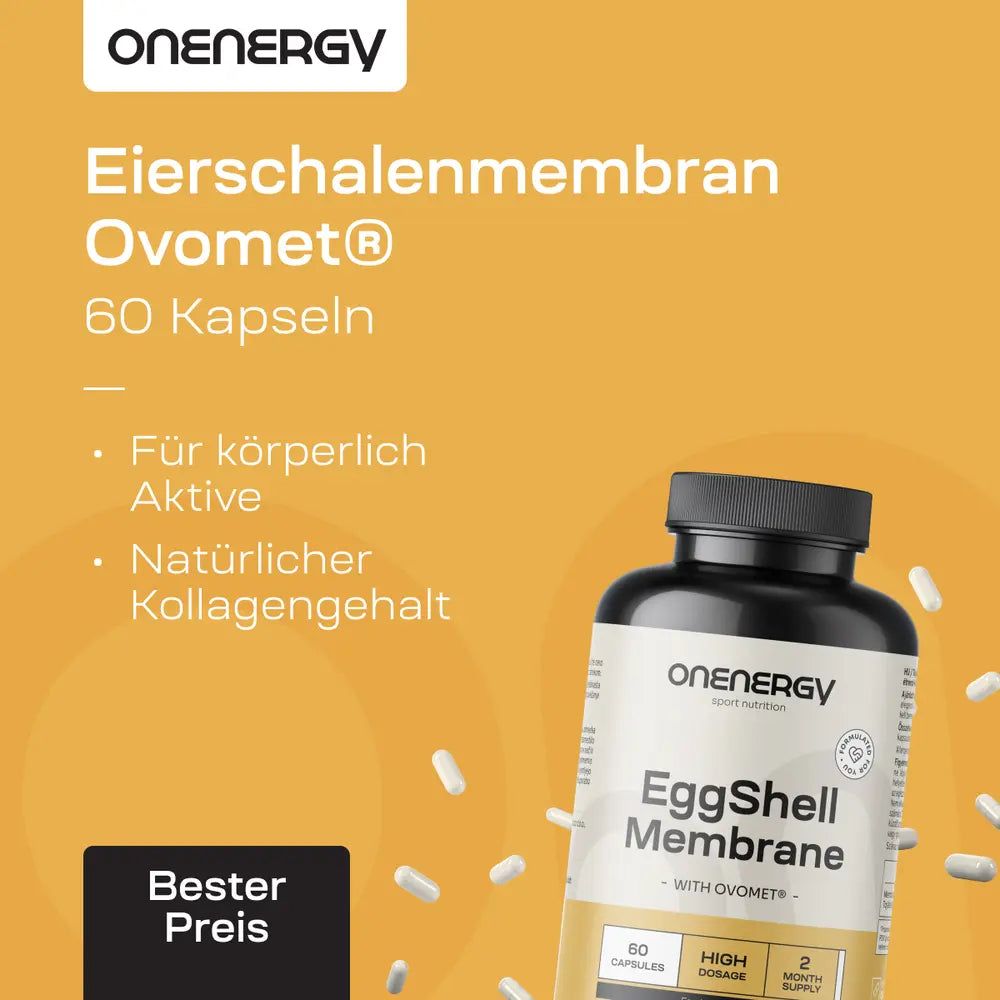 Flasche EggShell Membrane Ovomet® mit 60 Kapseln, für körperlich Aktive, natürlicher Kollagengehalt.