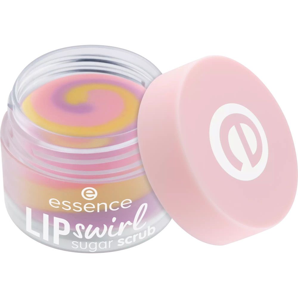 Offener Tiegel mit rosa Deckel daneben. Inhalt: Zuckerpeeling in Gelb, Rosa und Lila. Aufschrift: essence LIP swirl sugar scrub.