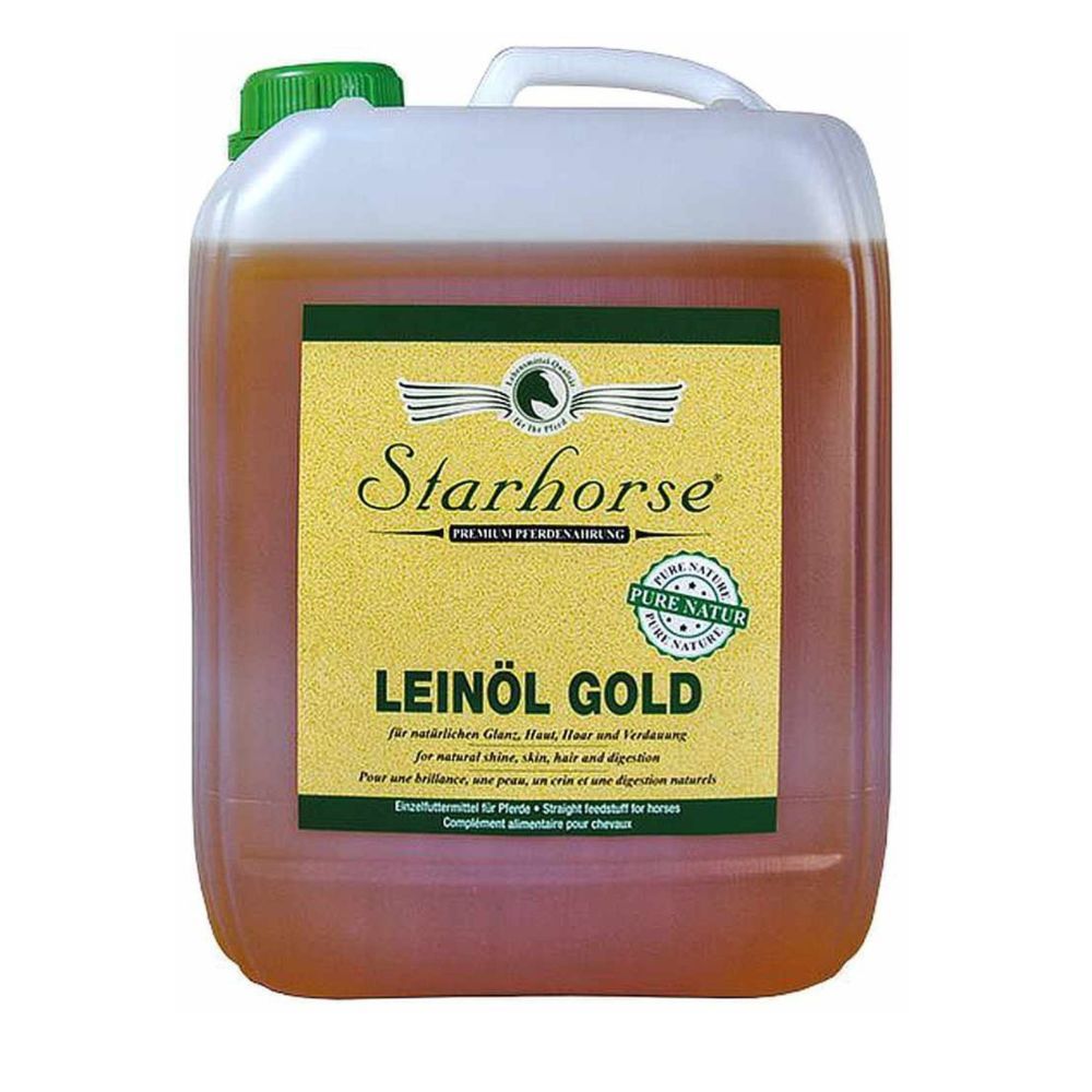 Kanister mit Starhorse Leinöl Gold. Etikett mit Produktnamen und Logo. Grüner Deckel und weißer Griff.