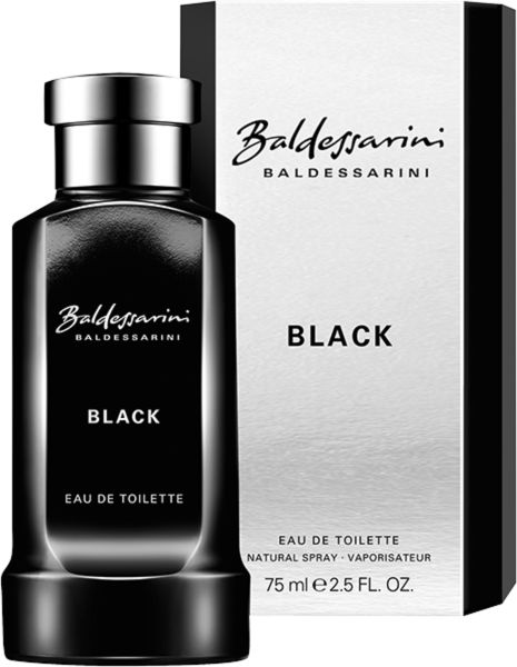 Schwarze Flasche und Verpackung. Aufschrift: Baldessarini Black Eau de Toilette. Silberner Deckel.
