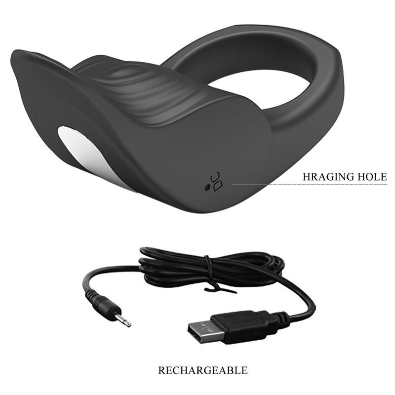 Schwarzer Penisring mit Ladeanschluss und USB-Kabel. Mit 'RECHARGEABLE' beschriftet.