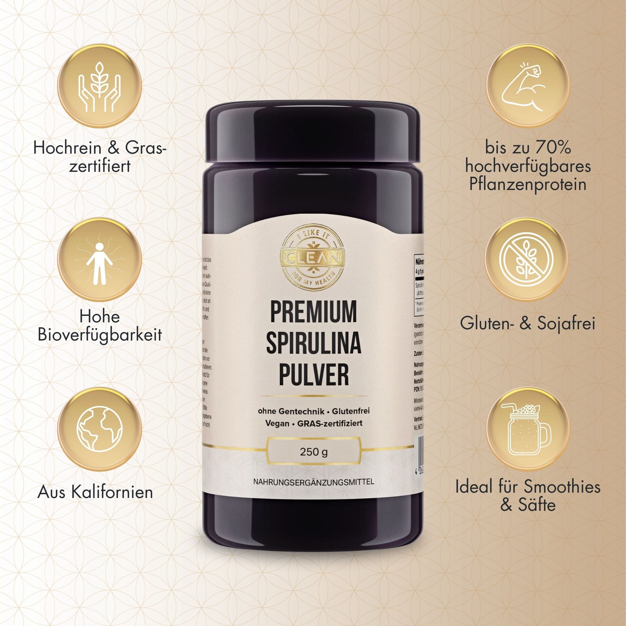Dunkle Glasflasche mit 'Premium Spirulina Pulver'. Zertifizierungen und Informationen rund um das Produkt.