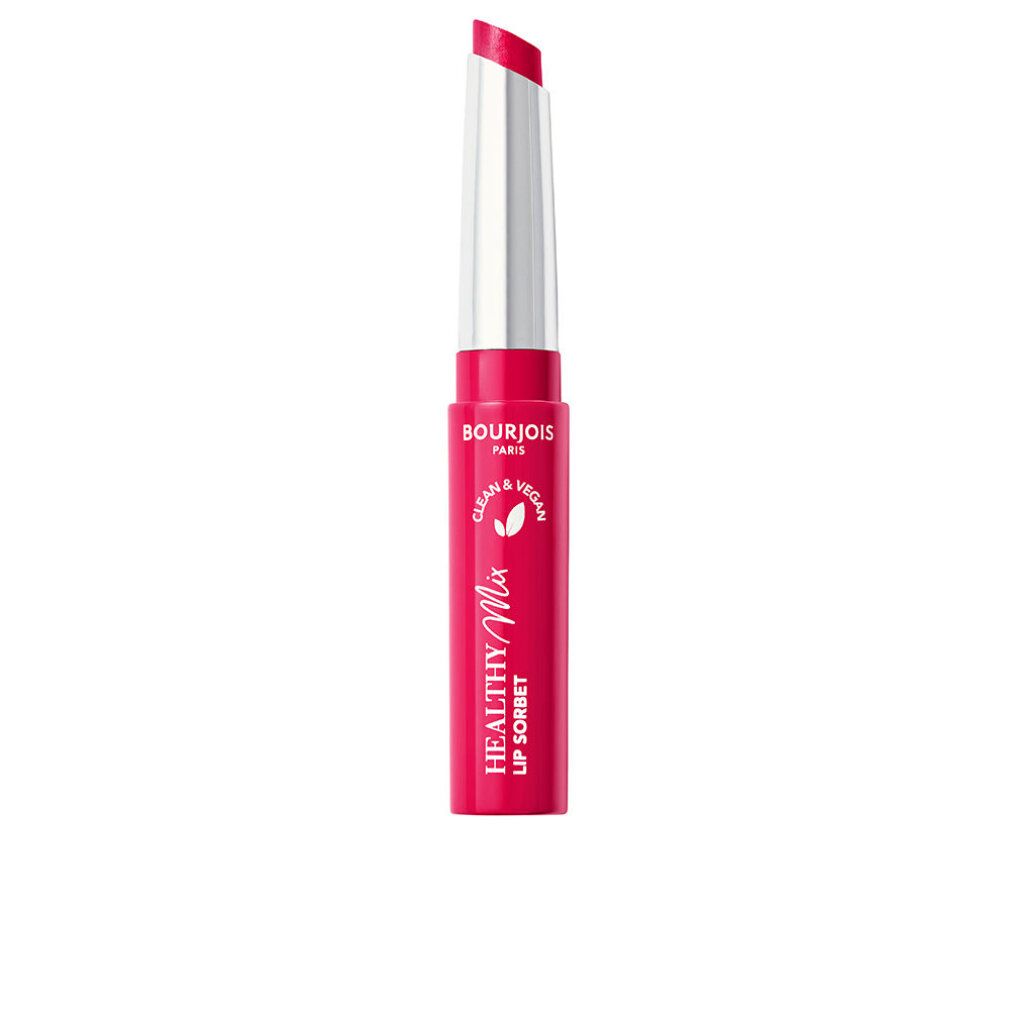 Lippenstift in Pink. Weißer Deckel. Aufschrift: Healthy Mix Lip Sorbet, Clean & Vegan.