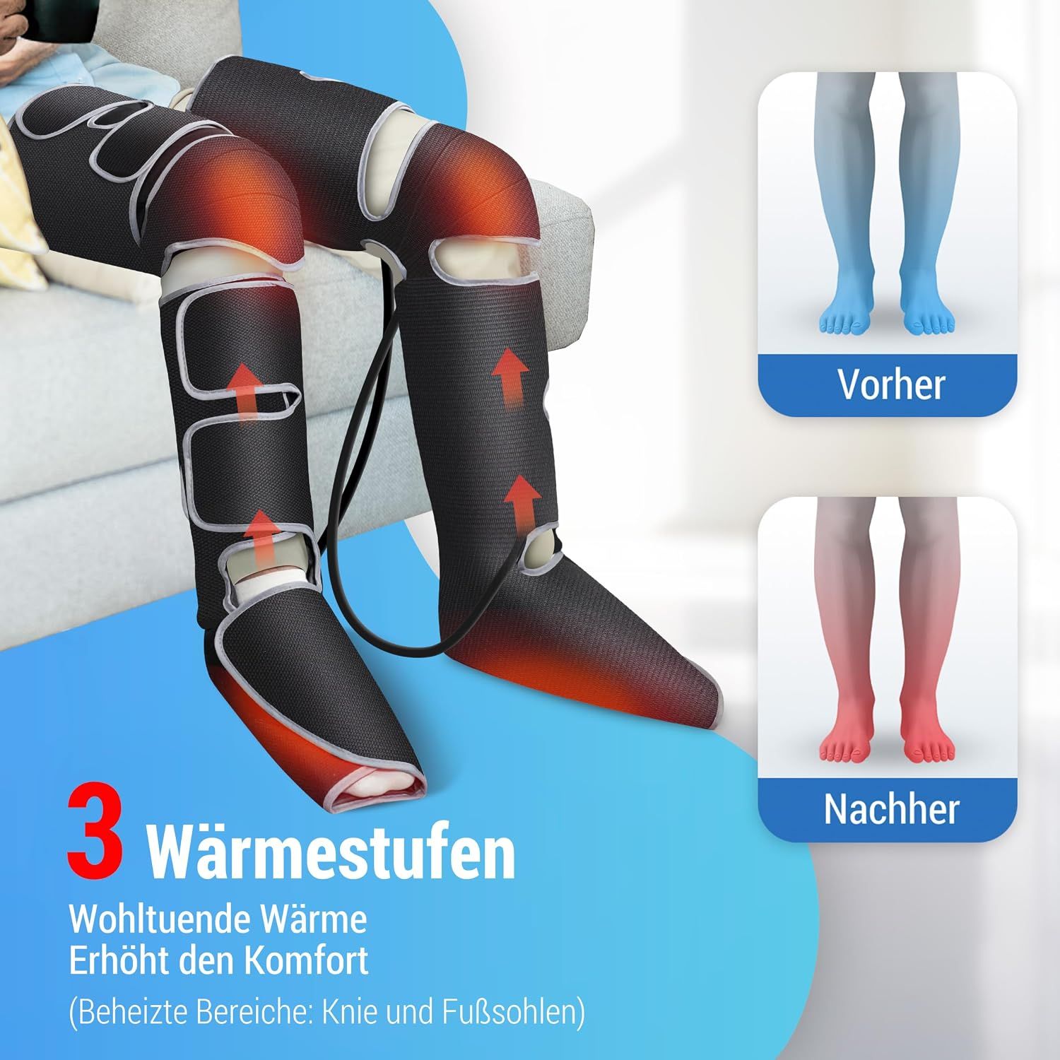Beinmassagegerät mit Wärmefunktion, zeigt Vorher-Nachher-Effekt bei blauen und roten Beinen.