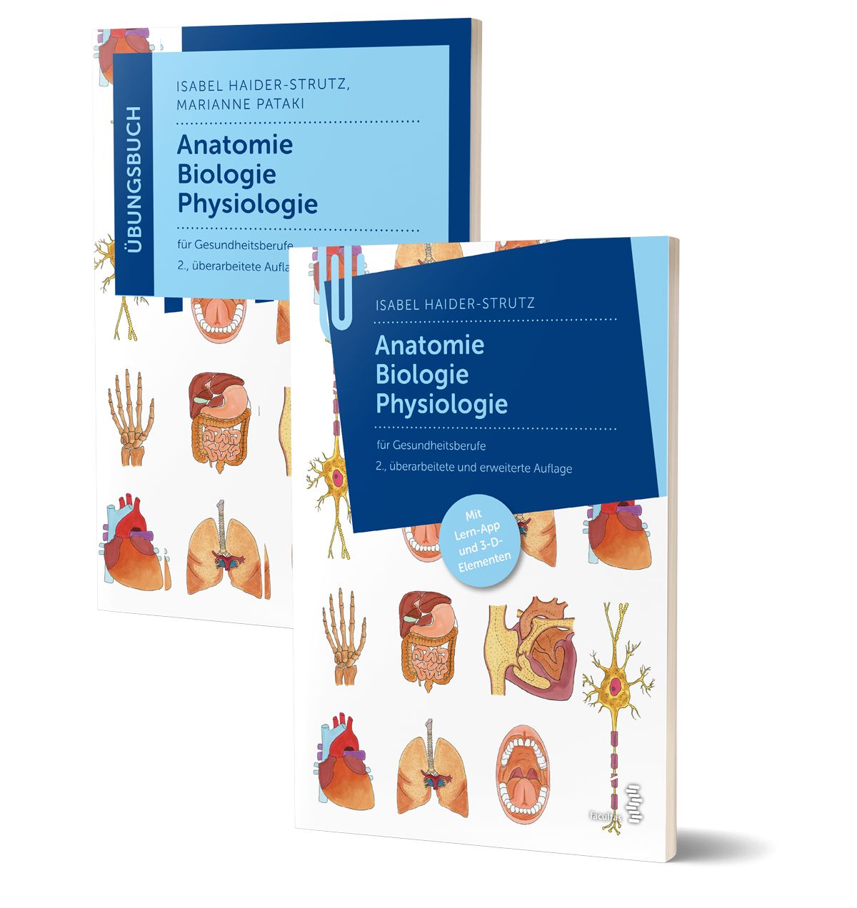 Zwei Lehrbücher mit dem Titel "Anatomie Biologie Physiologie". Auf den Buchcovern sind Illustrationen von Organen und anatomischen Strukturen zu sehen.