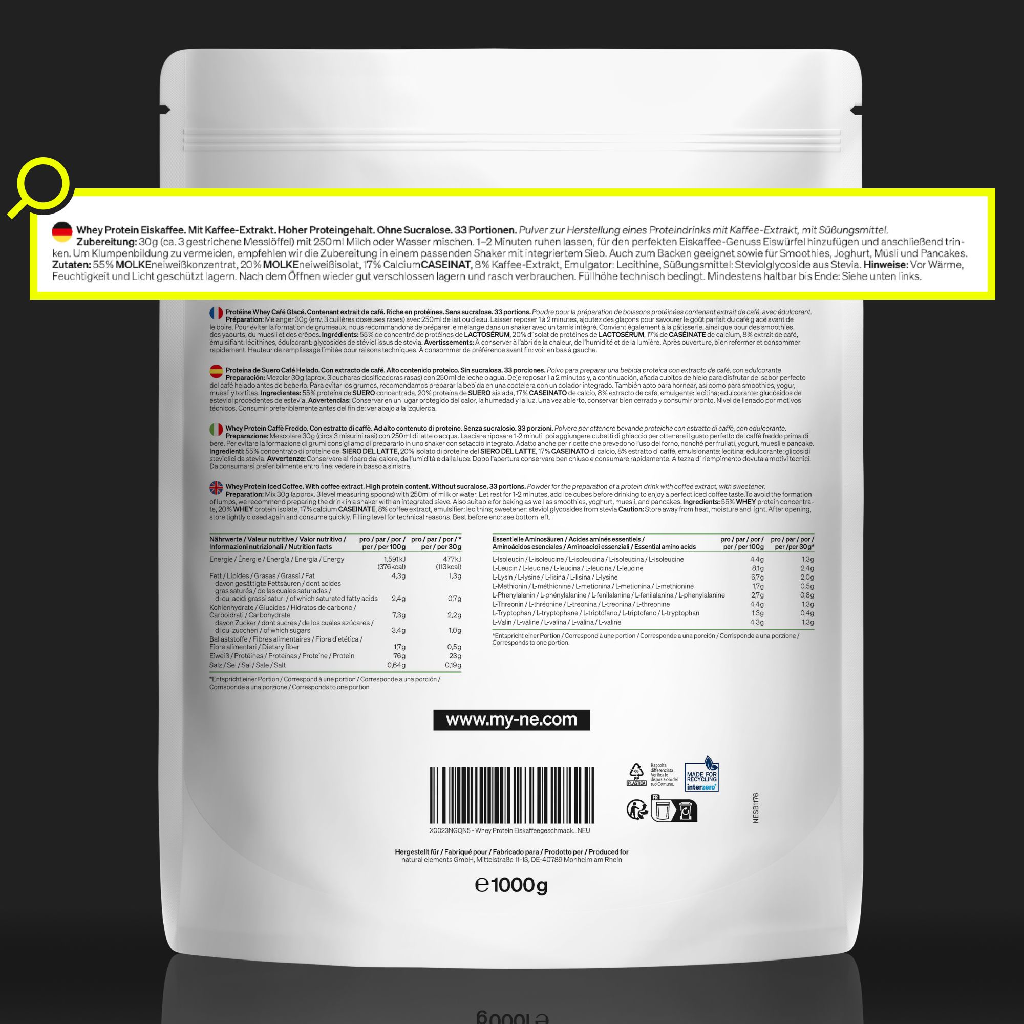 Rückseite der Whey Protein Eiskaffee Verpackung. Text in Deutsch, Inhaltsstoffe, Nährwertangaben, Herstellerinformationen, Barcode, Logo.