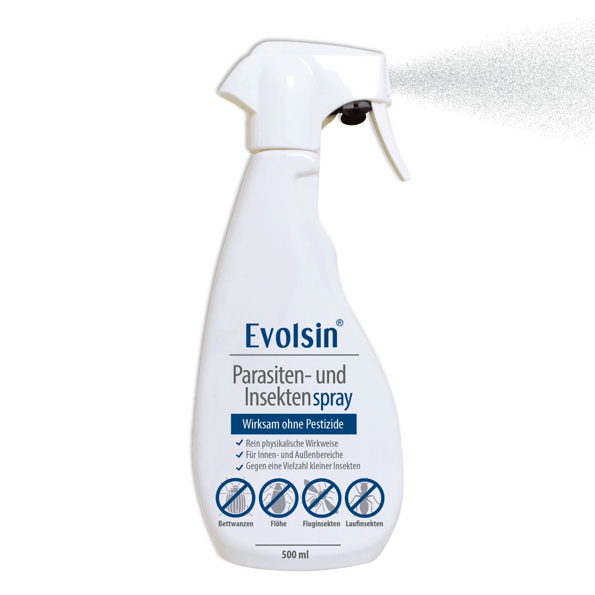 Weiße Sprühflasche von Evolsin® Parasiten- und Insektenspray. Sprühnebel. Text: Wirksam ohne Pestizide.