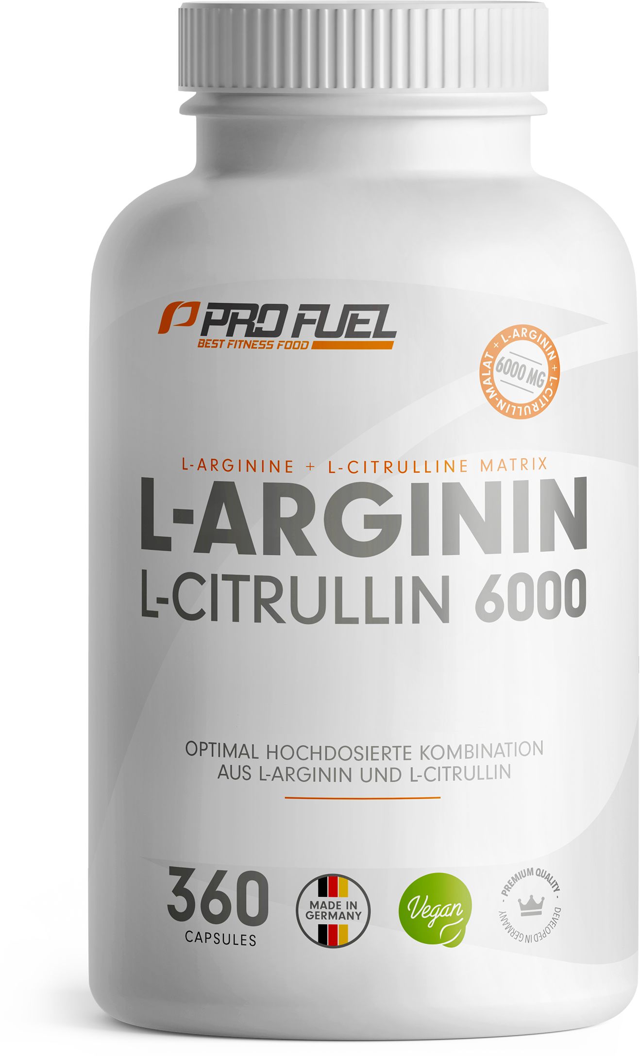 Weiße Dose mit ProFuel L-Arginin L-Citrullin 6000 Kapseln, 360 Stück.