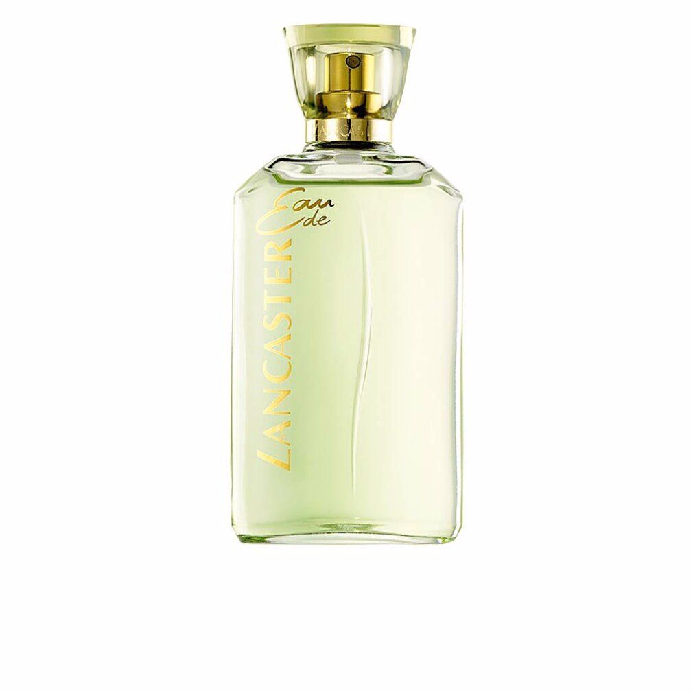 Grünes Eau de Toilette-Flakon mit goldfarbenem Verschluss. Schriftzug "Lancaster Eau de" in Gold. Rechteckige Form.
