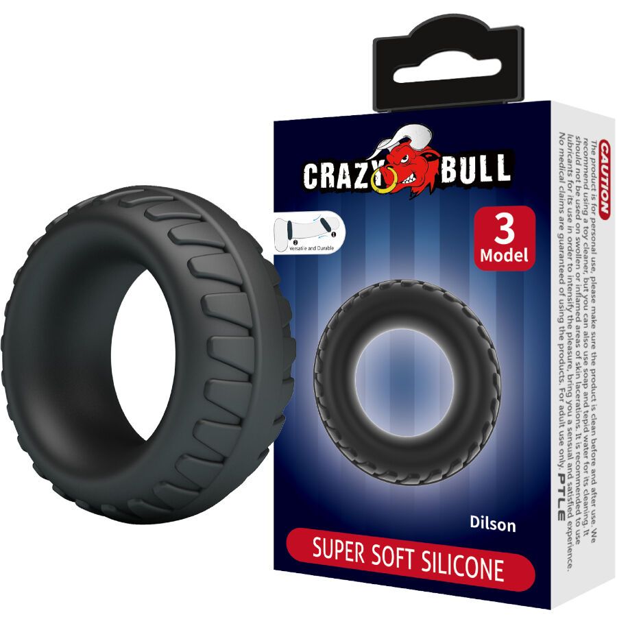 Verpackung mit Penisring und Produktnamen 'Crazy Bull - Dilson'. 'Super Soft Silicone'.