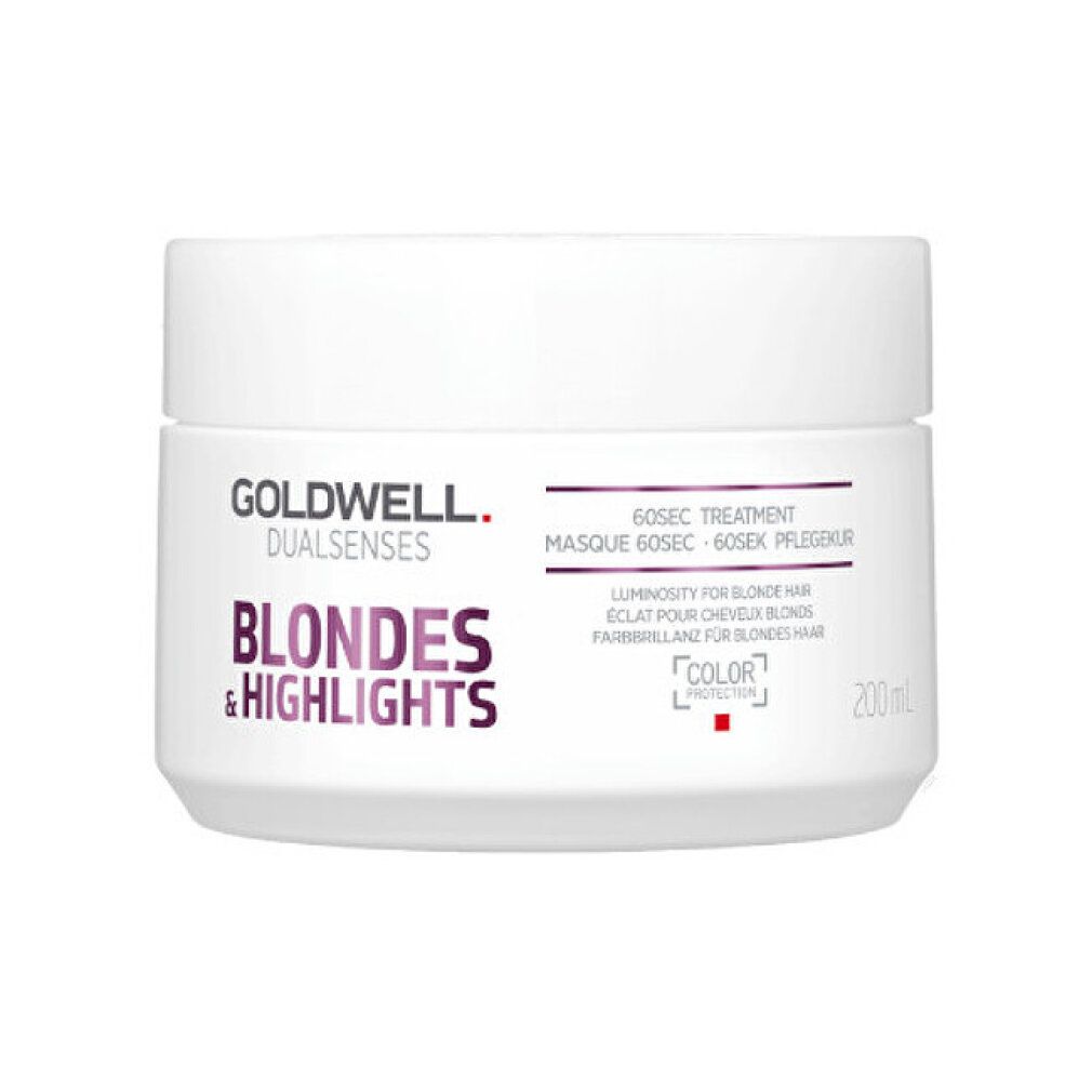 Weißer Tiegel mit Produkttext. Goldwell Dualsenses Blondes & Highlights Haarmaske. 200ml.