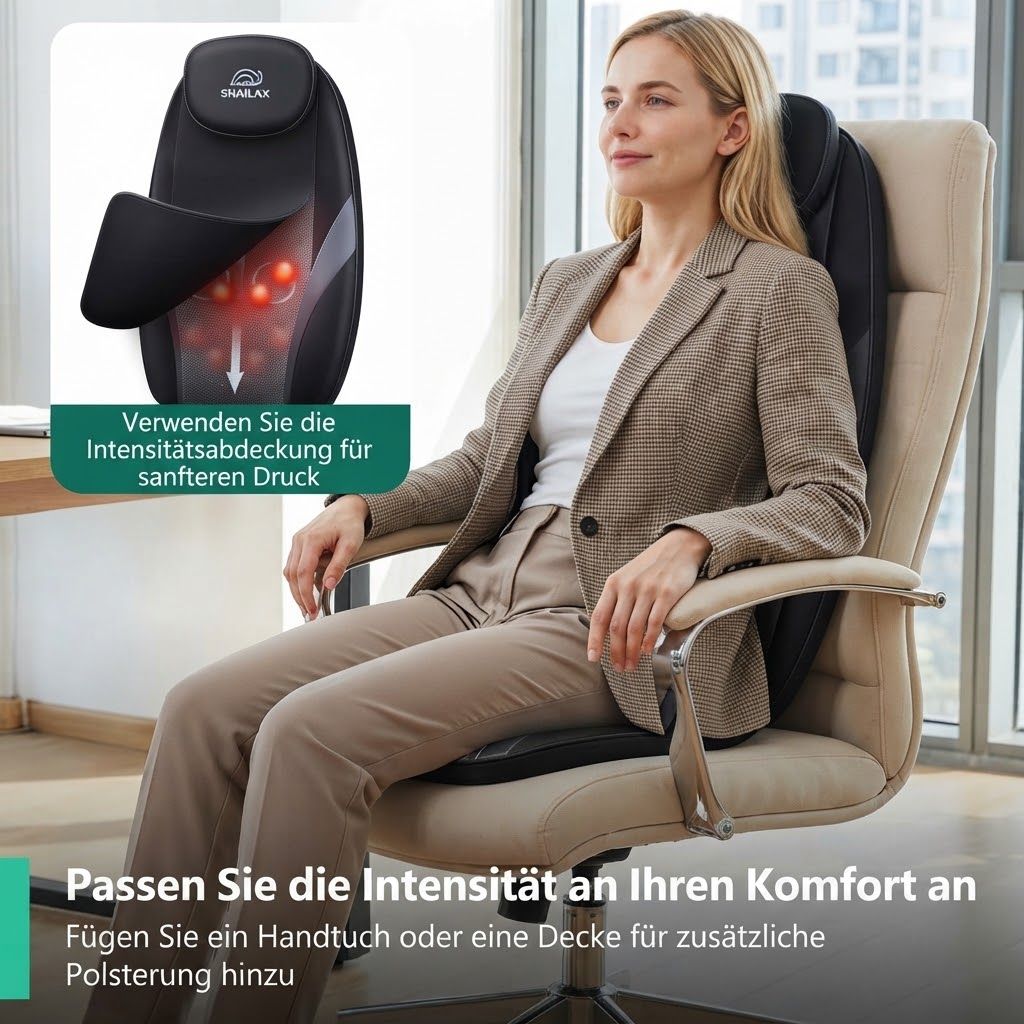 Nackenmassagegerät mit rotem Licht, Bedienelementen und Ladeanzeige.