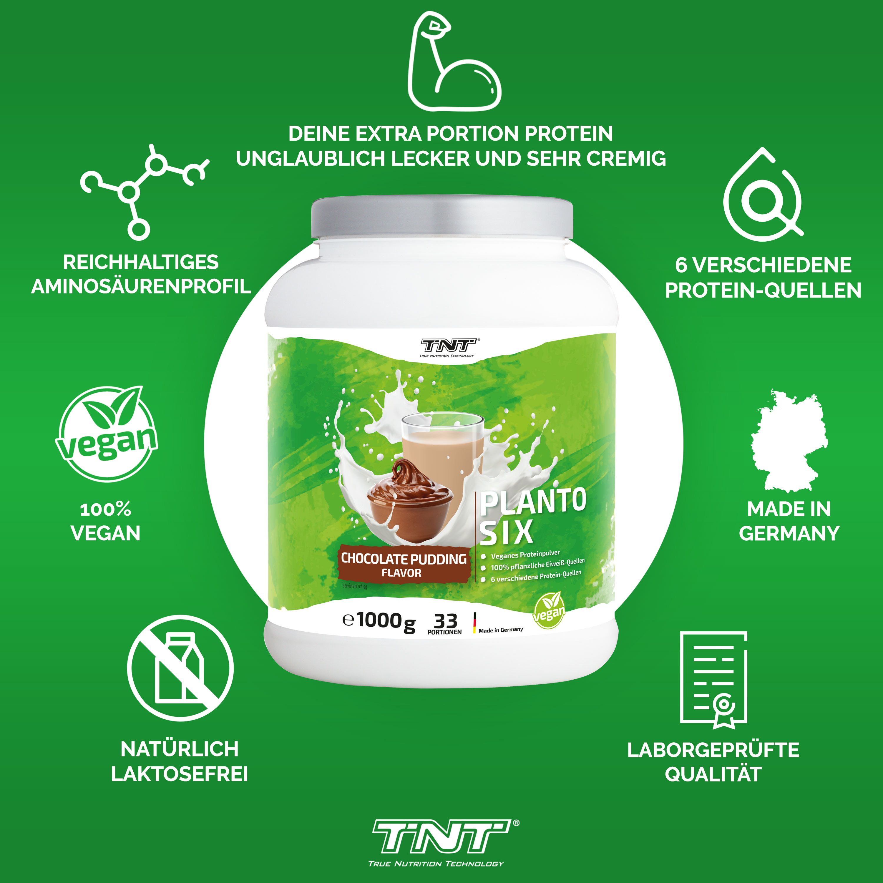 Weiße Dose mit grünem Hintergrund. Aufdruck: TNT Planto Six, Schoko-Pudding Geschmack, 1000g, 33 Portionen, vegan, laktosefrei.